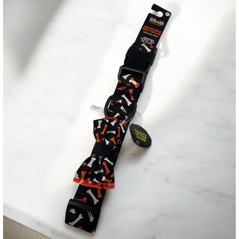 Thrills Chills Glow In Dark Halloween Pet Collar Black Orange Dog Size XL 18-28